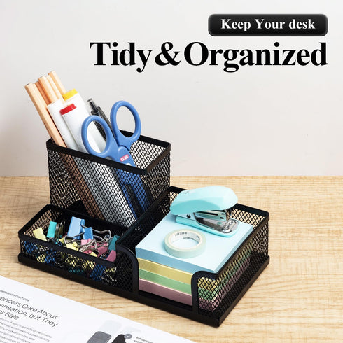 M&G Mesh Pen Holder Desk Organizers Pencil Holder for Desk Black, 3 Compartments Metal Office Supply Organizer with Sticky Notes Holder for School Home Office by M&G