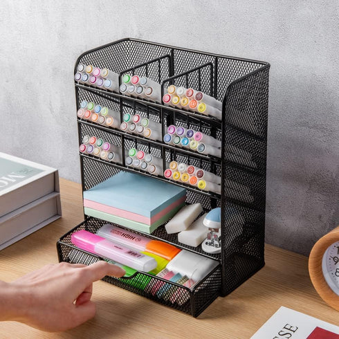 Spacrea Metal Desk Organizer with Drawer, Pencil Holder for School, Home, Art Supplies (Black)