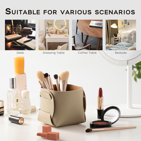 HOMIEAZICOZI 2-Pack Cork Leather Desk Accessories - Stylish Pencil Pen Holder & Makeup Brush Organizer (Champagne Gold)