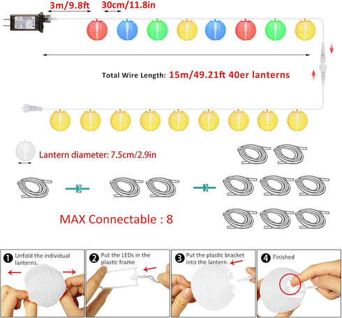 40ft 40LED StarryEver Outdoor String Lights Plug in, Connectable WarmWhite & Multicolor Nylon Lantern String Lights