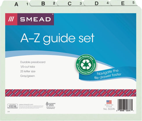 Smead Pressboard Guides, 1/5-Cut Tab (A-Z), Letter Size, Gray/Green, Set of 25