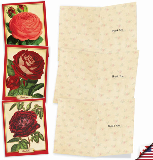 The Best Card Company 10 Assorted Thank You Notes Boxed Set, 4 x 5.12 Inch with Envelopes, Retro Roses