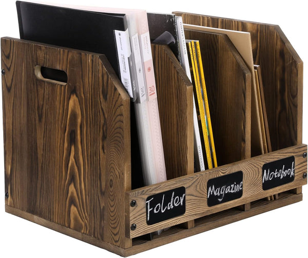 Rustic Burnt Brown Wood Office Desktop Document File Folder Binder Storage Organizer with 3 Compartments