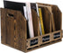 Rustic Burnt Brown Wood Office Desktop Document File Folder Binder Storage Organizer with 3 Compartments