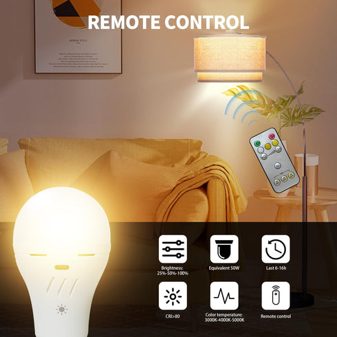 Rechargeable Light Bulbs with Remote Control,700lm, 2600mAh Battery Emergency Light Bulb for Power Outage and Camping Outdoor, 3 Level Dimmable, 3000K/4000K/6000K, 50 Watt Equivalent,2 Pack by MXhme