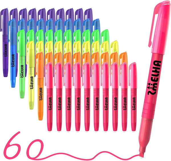 SMELHA Highlighters, 60 Bulk Pack, Fashionable Bright Assorted Colors, Chisel Tip, Quick Dry for Offices Schools Home
