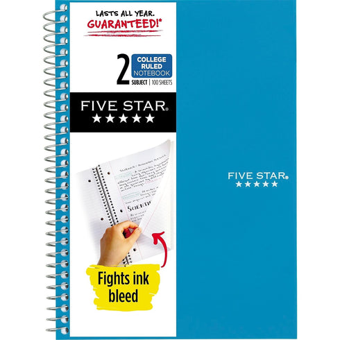 Five Star Spiral Notebook, 2 Subject, College Ruled Paper, 100 Sheets, 9-1/2" x 6", Color Selected For You - 1 Count