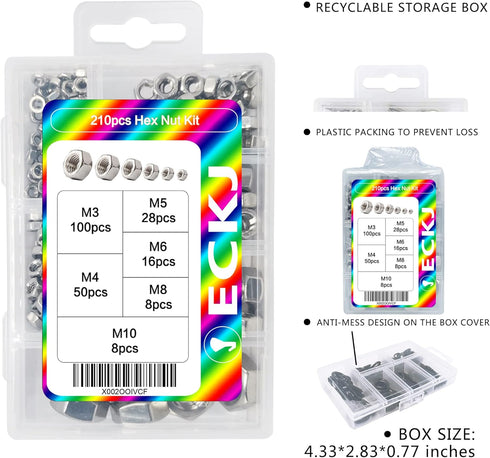 210PCS 304 Stainless Steel Hex Nuts Assortment Kit - 6 Sizes DIN 934 (M3 M4 M5 M6 M8 M10) for Professionals, Repairmen,
