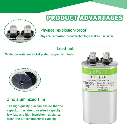 10 uF 370 or 440 Volt CBB65 Capacitor for AC Motor Run, Heat Pump, Air Conditioner, HVAC, Replacement 10 MFD