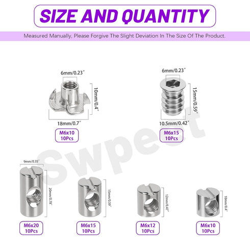 Swpeet 60Pcs M610/12/15/20 4-Pronged Nickel Plated Barrel Nuts with Threaded Inserts and T-Nuts Assortment Kit, Cross