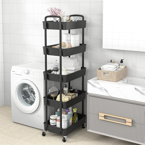 Sywhitta 5-Tier Plastic Rolling Utility Cart with Handle, Multi-Functional Storage Trolley for Office, Living Room,