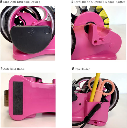 Heat Tape Dispenser Set, Pink Multi-Roll, PreCut 1.4'' Pieces, Semi-Automatic with 1+3'' Core