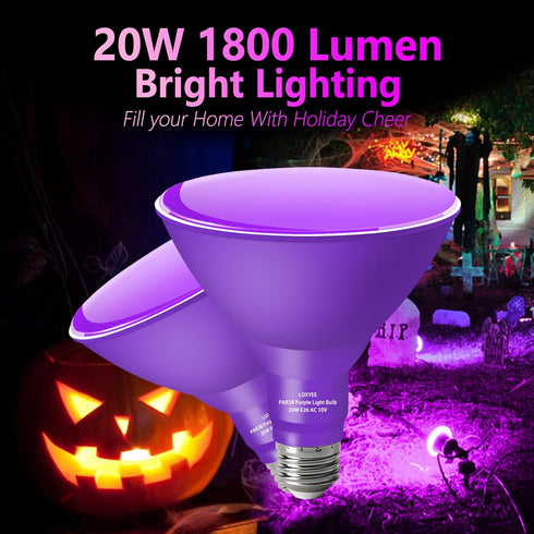 PAR38 Purple Flood Light Bulb, 2 Pack - Dimmable E26 Base, 20W Replace to 200W, Outdoor Christmas Decor