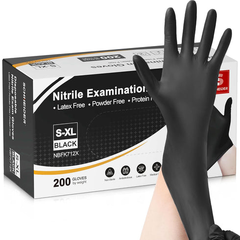 Schneider Nitrile Exam Gloves, Large, 200-ct Box, 4-mil, Black Disposable Gloves, Latex-Free, Food Safe
