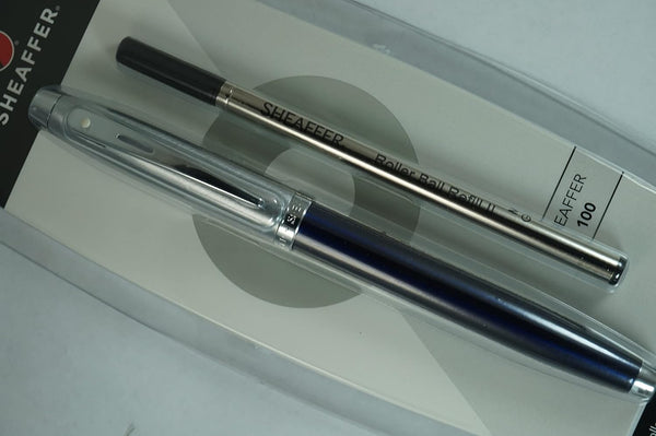 Sheaffer 100 Pearlescent Metallic Blue Rollerball Pen with Nickel Appointments, Signature Mid Band and Dot of