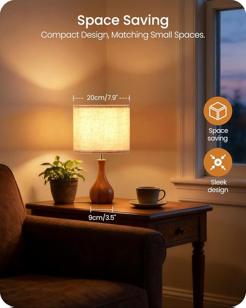 14.2" E26 LE09TL05 Small Table Lamp, Wood Bedside Lamp, Little Cute Desk Lamp with Dark Wood Bottle-Shaped Base & Beige