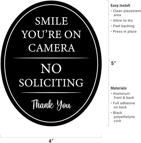 4" x 5" Smile You're on Camera & No Soliciting Sign, 3M Self-Adhesive for Door, Window, Wall, Durable Aluminum