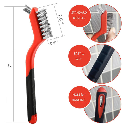 9Pcs 7 Inches Wire Brush Metal Scrubber - Nylon/Brass/Stainless Steel Bristles with Curved Handle Grip for Cleaning