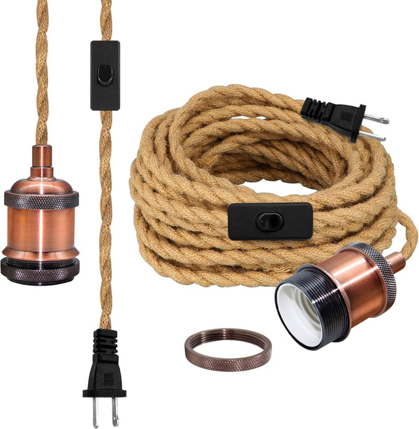 Puanticn Vintage Plug in Pendant Light Fixture, 16.7 Ft Rustic Hemp Rope Hanging