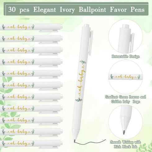 Greenery Baby Shower Pens, Black Ink Retractable Ballpoint Pens for Baby Shower Party Games, 30 Set