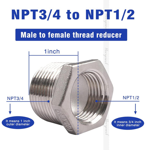 Stainless Steel Hex Bushing, NPT 3/4 to NPT 1/2 Threaded Reducing Bushing, Air Hose Reducer Coupling (2 pcs)