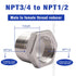 Stainless Steel Hex Bushing, NPT 3/4 to NPT 1/2 Threaded Reducing Bushing, Air Hose Reducer Coupling (2 pcs)