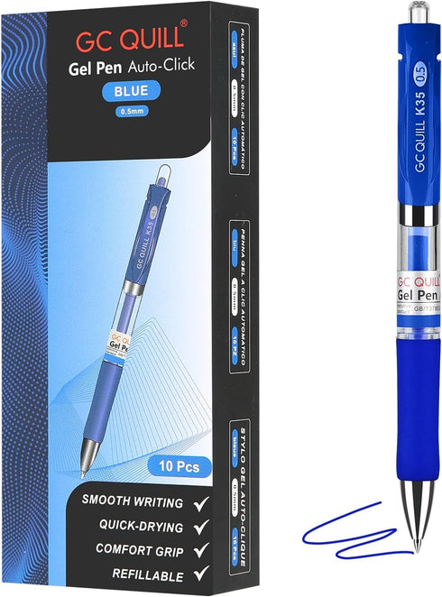 GC QUILL Gel Ink Pens, Premium Refillable & Retractable, 0.5mm Fine Point, 12 Black & 10 Blue Ink Pens