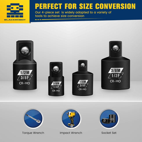4 Piece Impact Socket Adapter Set, 1/4" 3/8" 1/2" SAE Drive Adapter Set, Square Reducer Conversion Set for Impact Wrench