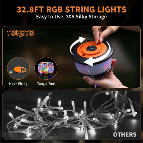 3 1 19 30s 32.8 TOHETO Camping String Lights, in Upgraded Retractable RGB Outdoor String Lights with Lighting