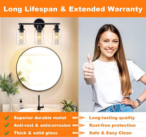 3-Light 18.51" DLLT Bathroom Light Fixtures: Black Modern Vanity Lights with Clear Glass Shade - Bathroom Wall Lamp