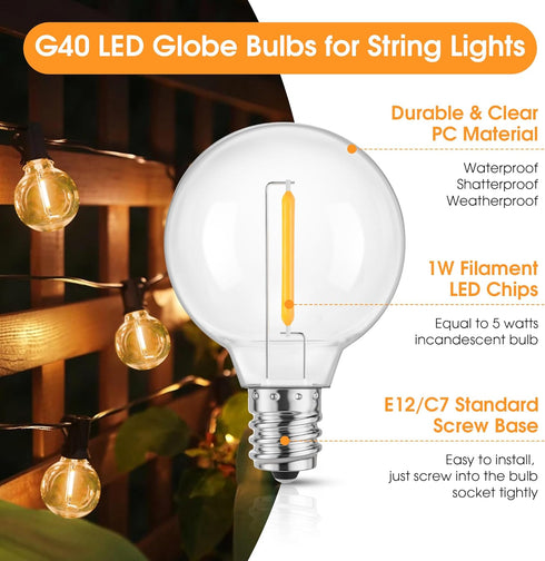 Mlambert G40 LED Replacement Light Bulbs for String Lights, Dimmable E12 Base Shatterproof Bulbs, 1W Equal to 5W, Warm White 2700K, 25Pack, Not Solar by Mlambert