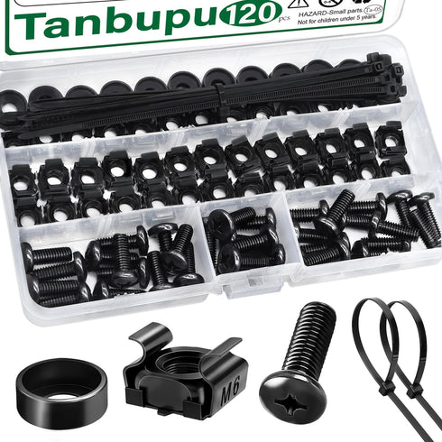120Pcs M6 x 16mm Rack Mount Cage Nuts, Screws, Washers, and Self-Locking Cable Ties for Server Cabinets