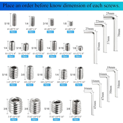 380Pcs 19 Sizes #4-40 to 3/8"-16 UNC Standard SAE Hex Socket Set Screws with 7pcs Hex Keys, Stainless Steel