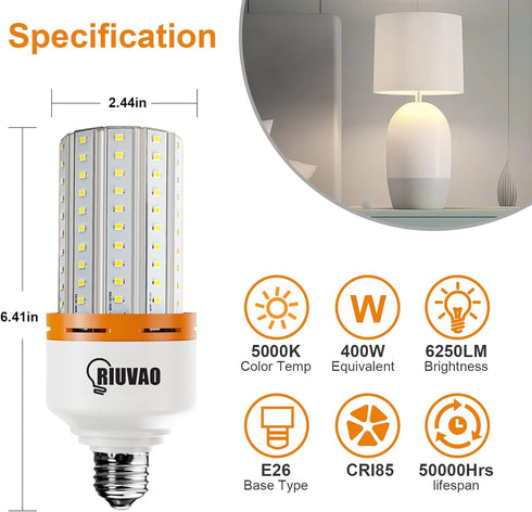 2 Pack 50W LED Corn Light Bulb 6250 Lumin 400W Replacement E26 Cool Daylight White Led Light Bulb for Indoor Outdoor Building Appliction, 2 Count (Pack of 1) by RIUVAO