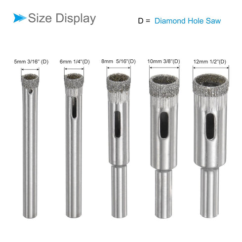Diamond Drill Bits Set, 5mm 6mm 8mm 10mm 12mm Cutting Diameter, Diamond Dry Core Drill Hole Saws Bits Tools - (Applications: for Glass Drilling Hard Materials), 5-Pieces