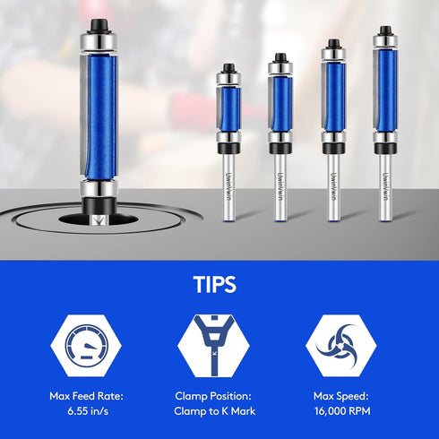 UwinVwin 4Pcs 1/4" Set, 1/2", 3/4", 1", 1-1/4", 1-1/2" Top & Bottom Bearing Flush Trim Router Bit Shank, Carbide Flush