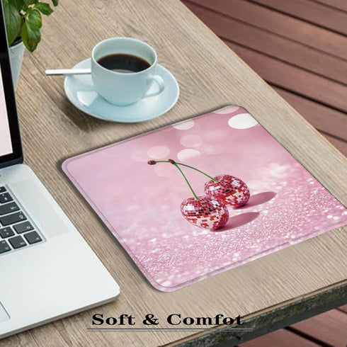 XUNLURY Y2K 9.5x7.9 Inch Trendy Pink Disco Ball Cherry Mouse Pad, Funky Preppy Glitter Cherry Fruit Mousepads