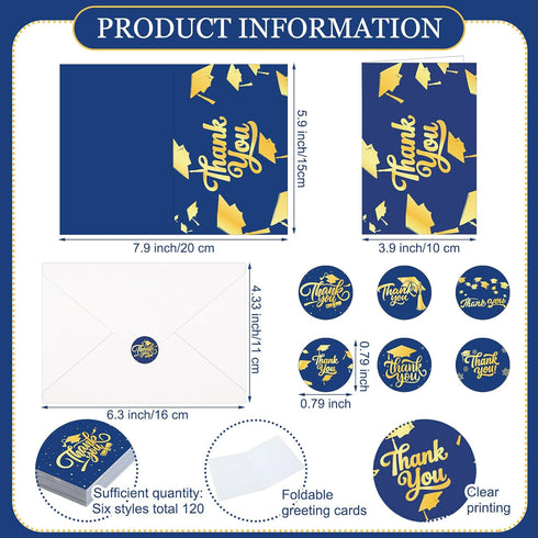 Dunzoom 120 Sets 2026 Graduation Thank You Cards Bulk Blue Gold Foil Blank Greeting Cards with Envelopes & Stickers