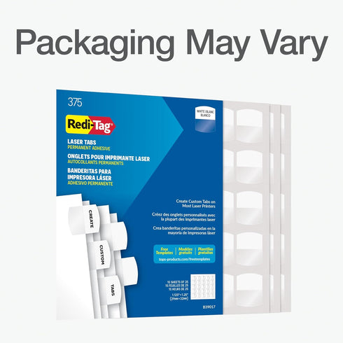 Redi-Tag Laser Index Tabs, Customizable Divider Labels, Permanent Adhesive, 1-1/8" x 1-1/4", White, 375 Tabs (B39017)