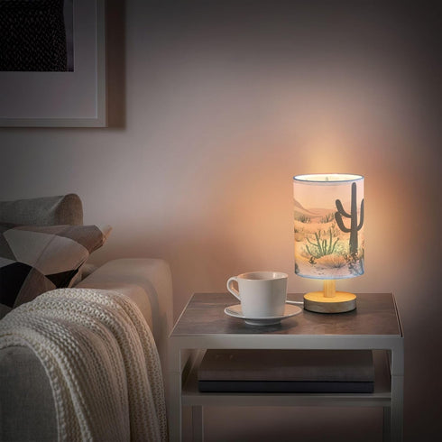 Qilmy Desert Landscape Cacti Bedside Table Lamp with USB Port, Warm LED Small Nightstand Lamp for Bedroom, Living Room