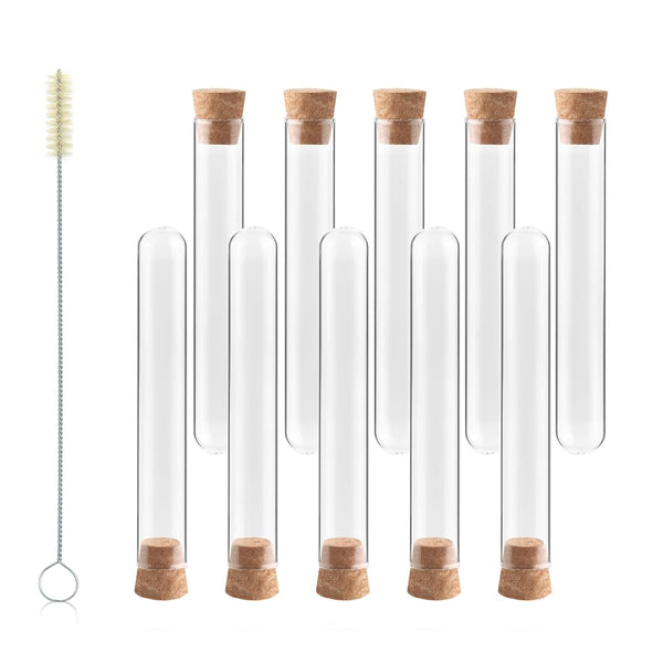 Glass Test Tubes with Cork and Brush, 10ml/Dia.15x100mm, Pack of 50, 3.3 Borosilicate Glass