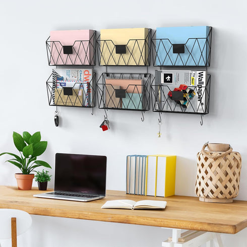 YBING Wall File Organizer, Mesh Hanging Wall Files Holder 6 Pack with Hooks for Papers Folders Files, Black