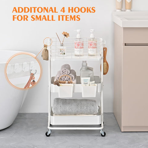 KINGRACK 3 Tier Metal Rolling Utility Cart, Small Storage Organizer with Wheels for Kitchen, Office, Bathroom