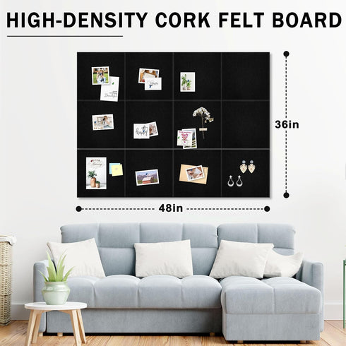 Large Cork Felt Board Tiles, 12 Pack, 47" x 35" Self Adhesive Cork Boards for Walls, Office, School Home Decor Display,
