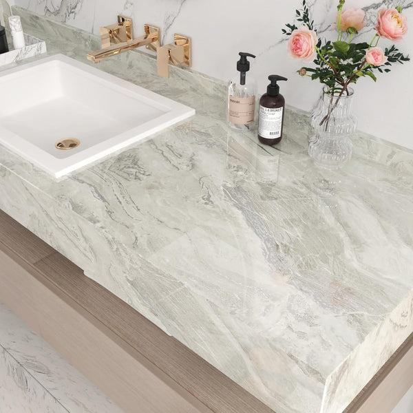 Shiny Beige Marble Contact Paper, Peel and Stick Waterproof Wallpaper for Kitchen Walls, Vanity Table 17.71"x120"
