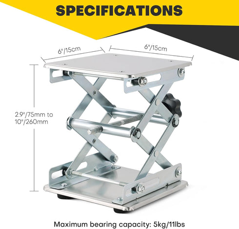 6" x 6" Lab Jack Scissor Stand Platform | Stainless Steel Laboratory Lift Stand, Lab Lift Stand Table Lifting Jack Platform, Expandable Lift Height Range 2.9"/75mm to 10"/260mm
