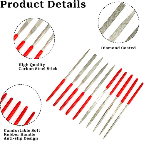 10Pcs Diamond Needle File Set, Mini Metal File Set for Jewelry Stone Carving Tools (2x100mm)