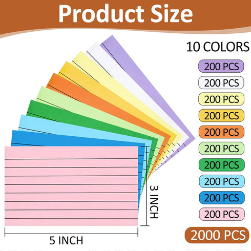 Beieverluck 2000 Count 3x5, 10 Colored Index Cards Lined Note Cards, Notecards, Study Cards, Flash Cards for Studying