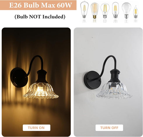 MKonpeny 1 Pack Bathroom Wall Sconce, Black Wall Lamp with Pressed Patterned Glass Lampshade, Farmhouse Wall Light