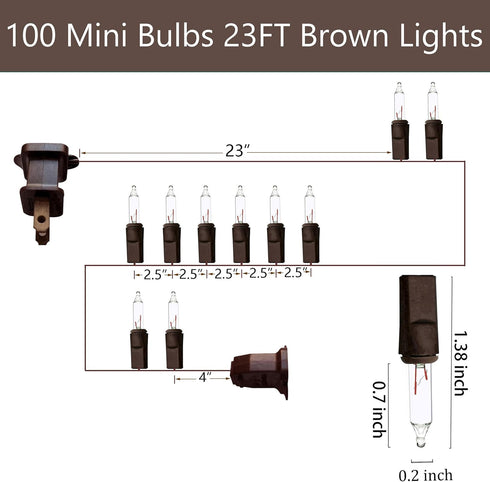 100 23ft Clear Mini Brown Wire Christmas Lights Incandescent Waterproof UL Certified Fairy String Lights for Outdoor